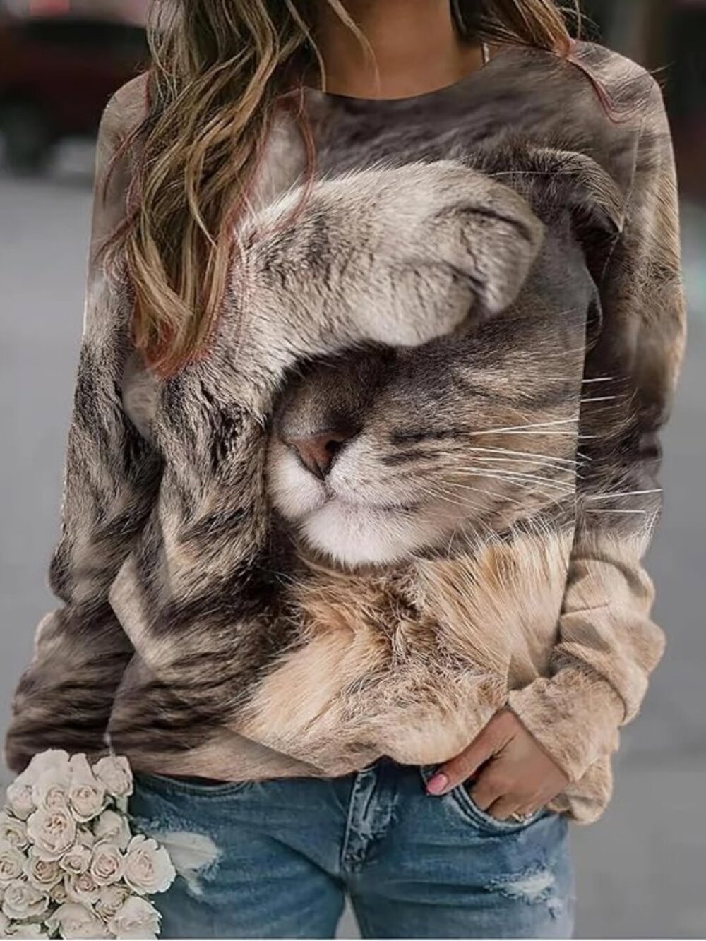 Women's long sleeve cute 3D Cat Graphic Printed Sweatshirt, NEW, size M